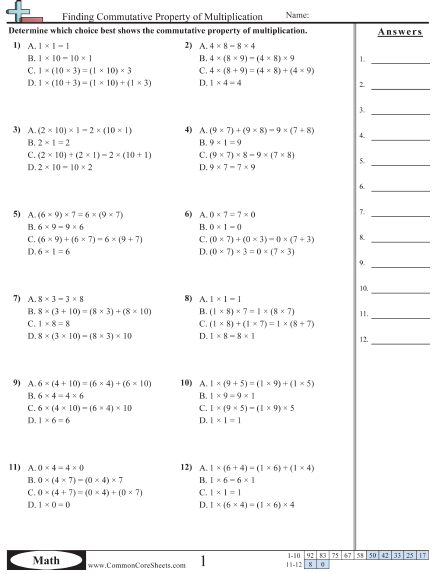 3.oa.5 Worksheets - Commutative Property - Multiple Choice worksheet
